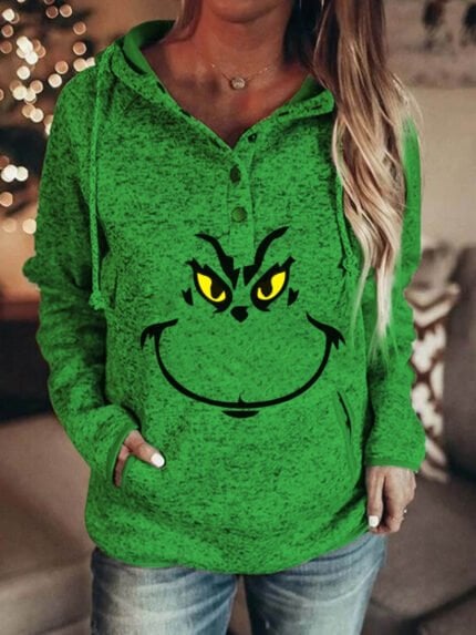 Christmas Funny Print Button Sweatshirt