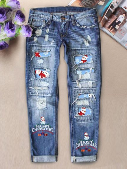 Christmas Print Patch Print Casual Jeans