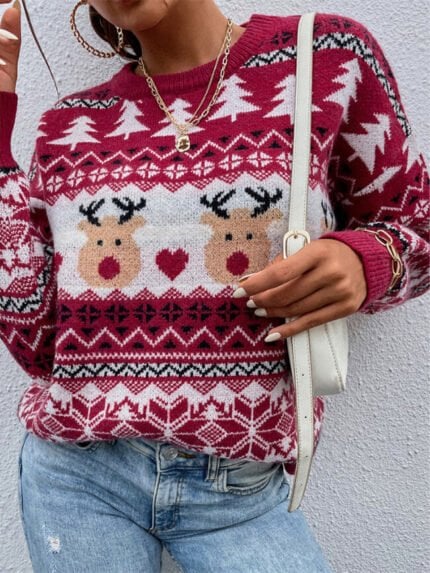 Christmas Printed Knitted Red Sweater