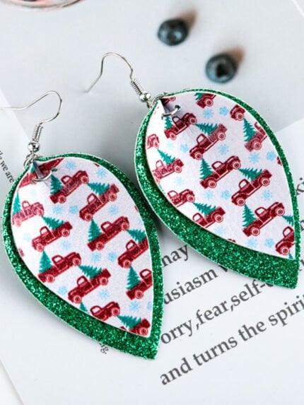 Christmas car sequin leather earrings