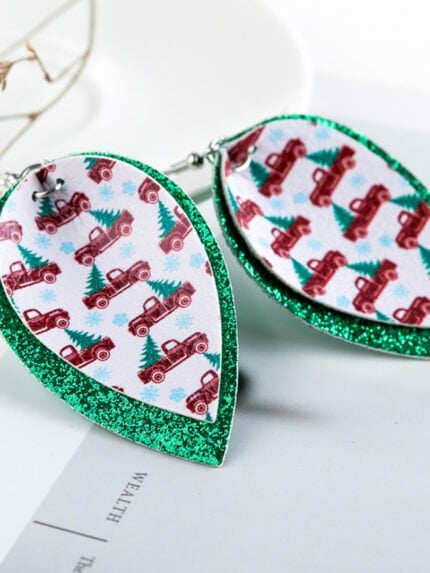 Christmas car sequin leather earrings