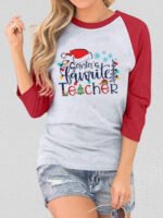 Christmas hat print three-quarter sleeve top