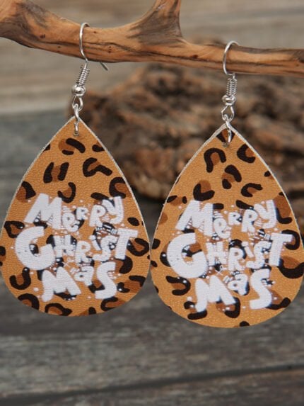 Christmas letters leopard leather earrings