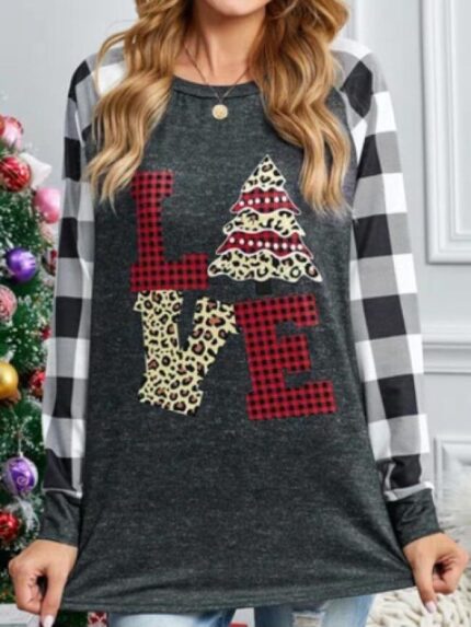 Christmas print plaid splicing t-shirt