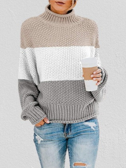 Color Block Chunky Batwing Sleeve Turtleneck Sweater