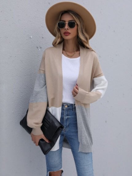 Color Block Drop Shoulder Open Front Cardigan