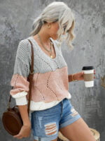 Color Block Knitted Cut Out Pullover Sweater