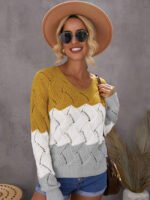 Color Block Knitted Cut Out Pullover Sweater