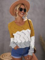 Color Block Knitted Cut Out Pullover Sweater