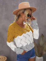 Color Block Knitted Cut Out Pullover Sweater