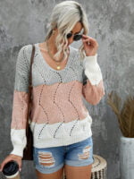 Color Block Knitted Cut Out Pullover Sweater