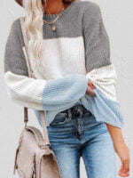 Color Block Lantern Sleeve Pullover Sweater