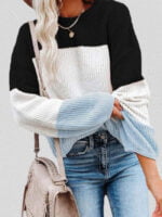 Color Block Lantern Sleeve Pullover Sweater