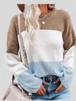 Color Block Lantern Sleeve Pullover Sweater