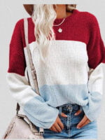 Color Block Lantern Sleeve Pullover Sweater