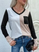 Color block stitching v-neck T-shirt