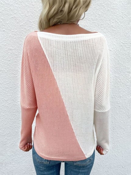 Color-blocking long sleeve thin knit top