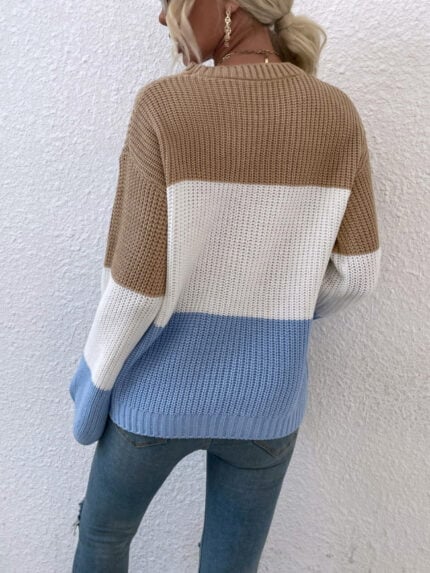 Color Block Lantern Sleeve Pullover Sweater