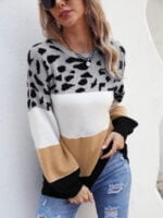 Colorblock Leopard Crew Neck Pullover Knitted Sweater