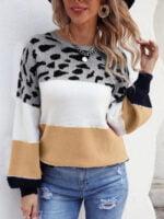 Colorblock Leopard Crew Neck Pullover Knitted Sweater