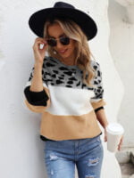 Colorblock Leopard Crew Neck Pullover Knitted Sweater