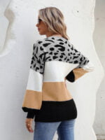 Colorblock Leopard Crew Neck Pullover Knitted Sweater