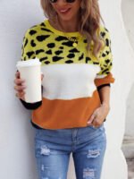 Colorblock Leopard Crew Neck Pullover Knitted Sweater