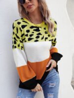 Colorblock Leopard Crew Neck Pullover Knitted Sweater