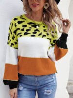 Colorblock Leopard Crew Neck Pullover Knitted Sweater