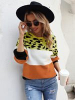 Colorblock Leopard Crew Neck Pullover Knitted Sweater