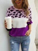 Colorblock Leopard Crew Neck Pullover Knitted Sweater