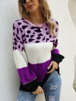 Colorblock Leopard Crew Neck Pullover Knitted Sweater