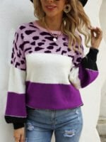 Colorblock Leopard Crew Neck Pullover Knitted Sweater