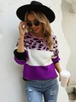 Colorblock Leopard Crew Neck Pullover Knitted Sweater