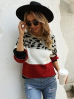 Colorblock Leopard Crew Neck Pullover Knitted Sweater