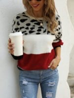 Colorblock Leopard Crew Neck Pullover Knitted Sweater