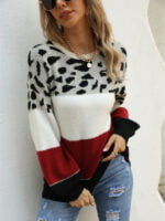 Colorblock Leopard Crew Neck Pullover Knitted Sweater