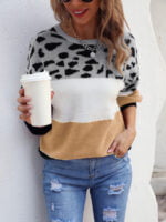 Colorblock Leopard Crew Neck Pullover Knitted Sweater