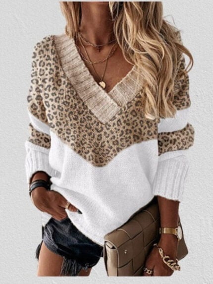 Colorblock Striped Leopard Print V-neck Sweater