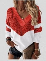 Colorblock Striped Leopard Print V-neck Sweater