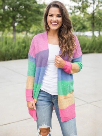 Colorblock Striped Pocket Casual Cardigan