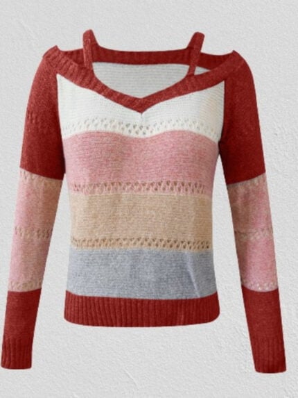 Colorblock Stripes Cold Shoulder Hollow-out Sweater