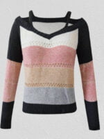 Colorblock Stripes Cold Shoulder Hollow-out Sweater