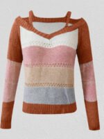 Colorblock Stripes Cold Shoulder Hollow-out Sweater