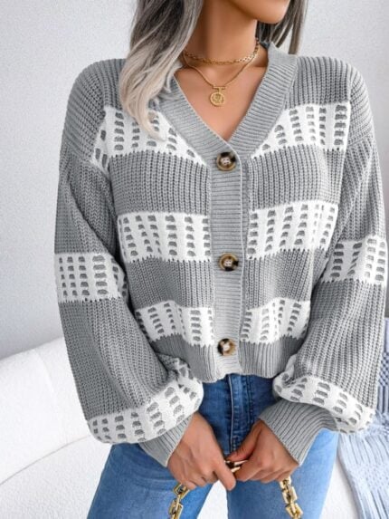 Contrast Balloon Sleeve Sweater Cardigan