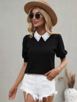 Wholesale Contrast Lapel Puff Sleeve T-Shirt