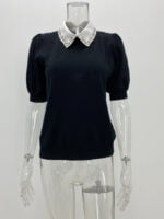 Wholesale Contrast Lapel Puff Sleeve T-Shirt