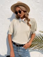 Wholesale Contrast Lapel Puff Sleeve T-Shirt