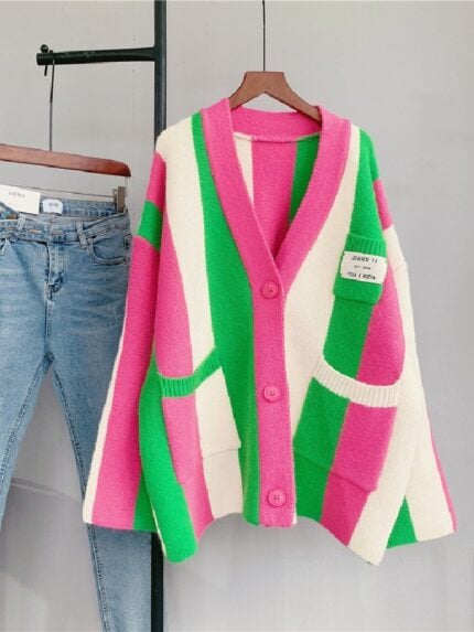 Contrast Stripe Panel Sweater Cardigan