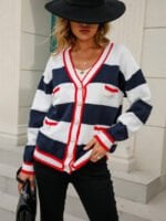 Contrast Stripe Pearl Button Cardigan